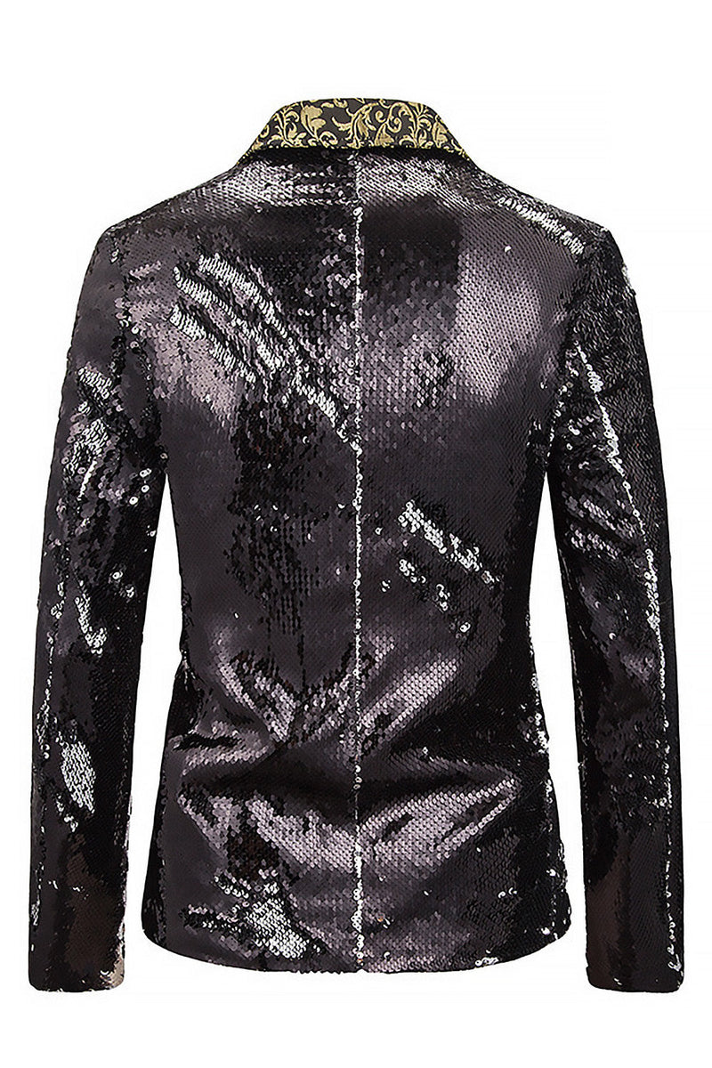 Laden Sie das Bild in den Galerie-Viewer, Peak Revers Ein-Knopf Schwarzer Pailletten Blazer Herren Ball Blazer