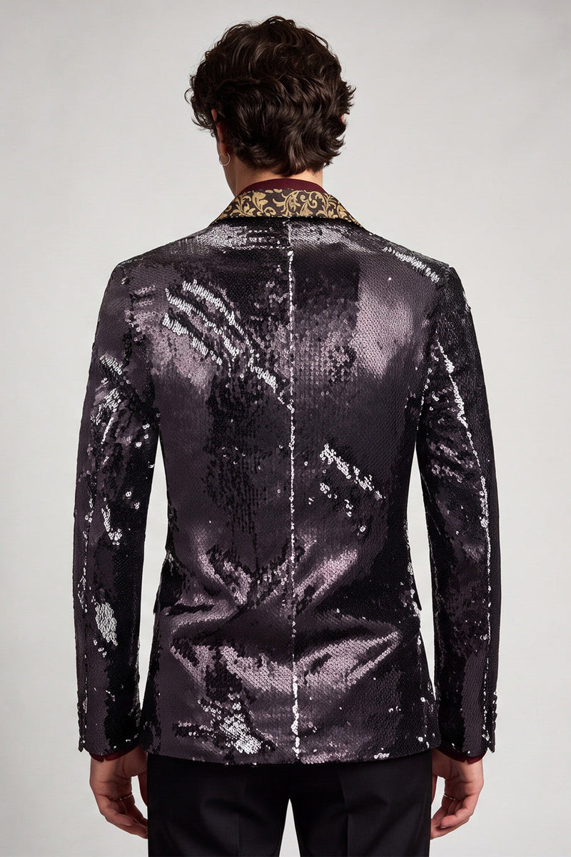 Laden Sie das Bild in den Galerie-Viewer, Peak Revers Ein-Knopf Schwarzer Pailletten Blazer Herren Ball Blazer