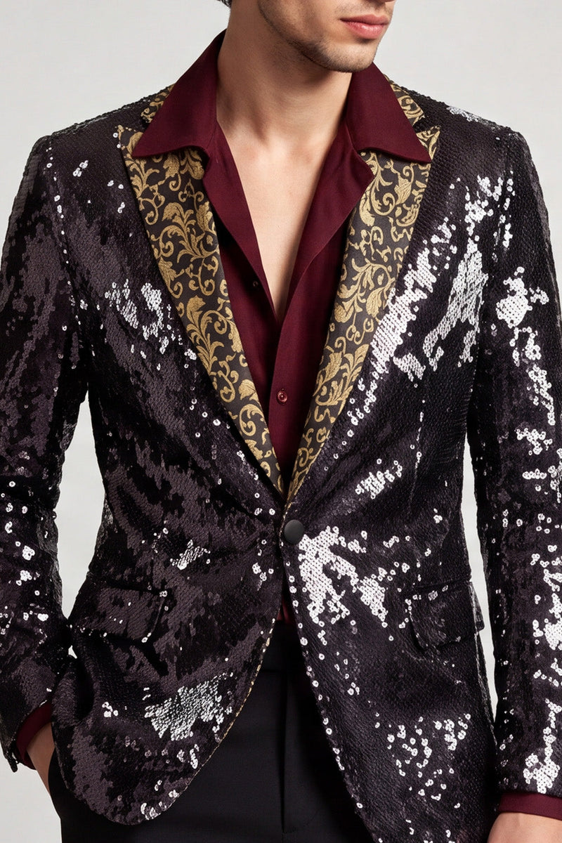 Laden Sie das Bild in den Galerie-Viewer, Peak Revers Ein-Knopf Schwarzer Pailletten Blazer Herren Ball Blazer
