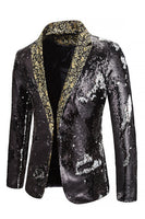 Laden Sie das Bild in den Galerie-Viewer, Peak Revers Ein-Knopf Schwarzer Pailletten Blazer Herren Ball Blazer