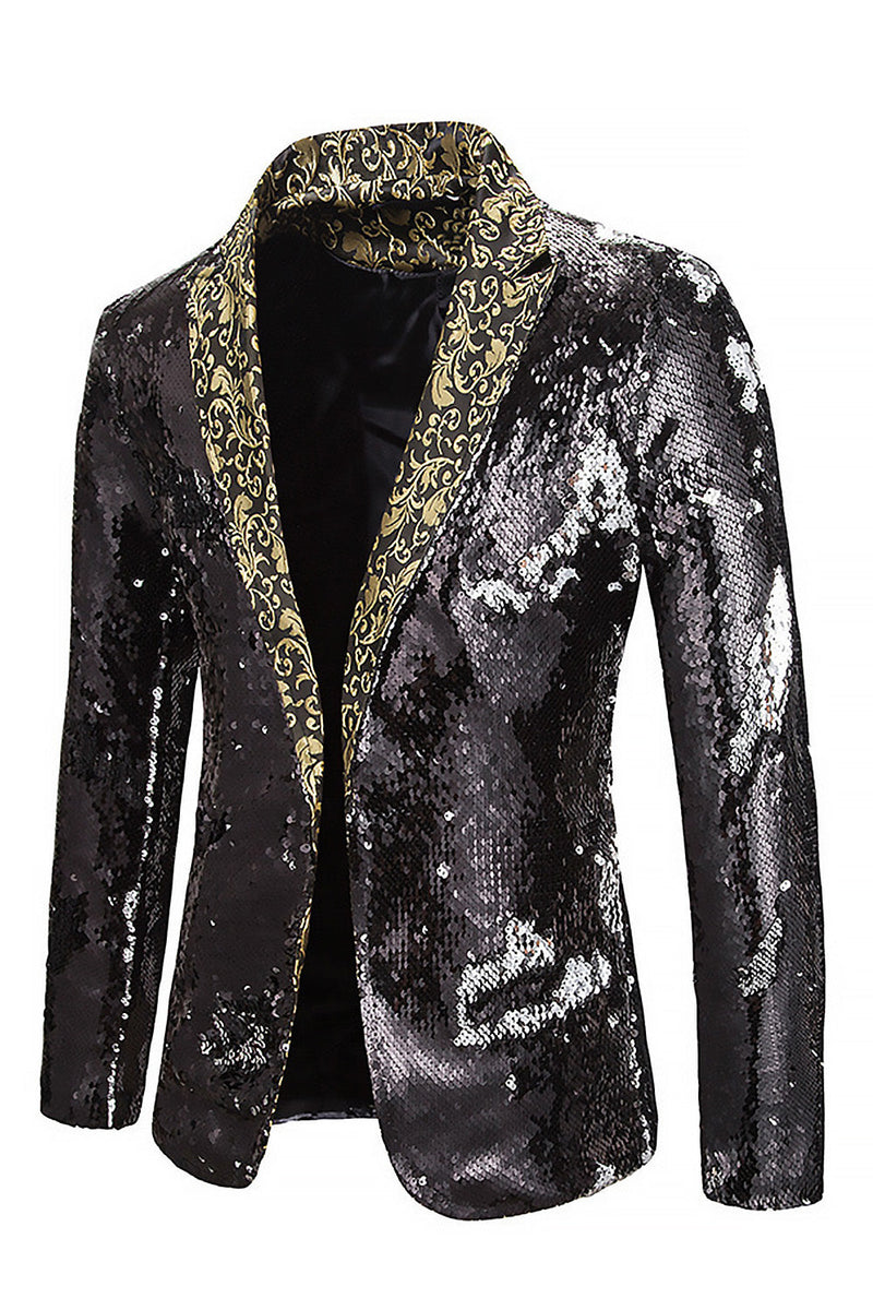 Laden Sie das Bild in den Galerie-Viewer, Peak Revers Ein-Knopf Schwarzer Pailletten Blazer Herren Ball Blazer