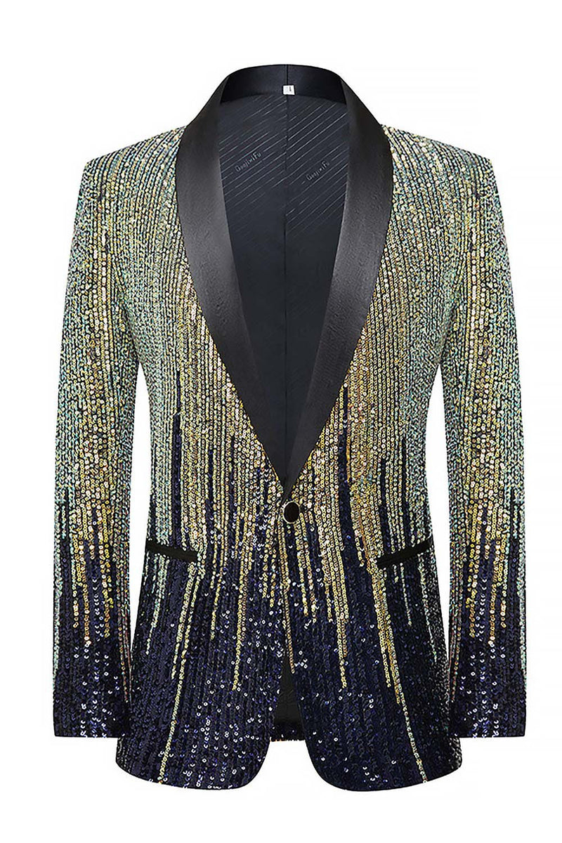 Laden Sie das Bild in den Galerie-Viewer, Pailletten Schwarzer Goldener Schal Revers Herren Ball Blazer mit einem Knopf