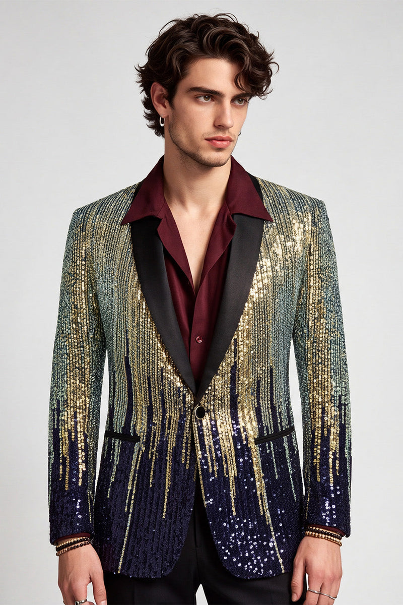 Laden Sie das Bild in den Galerie-Viewer, Pailletten Schwarzer Goldener Schal Revers Herren Ball Blazer mit einem Knopf