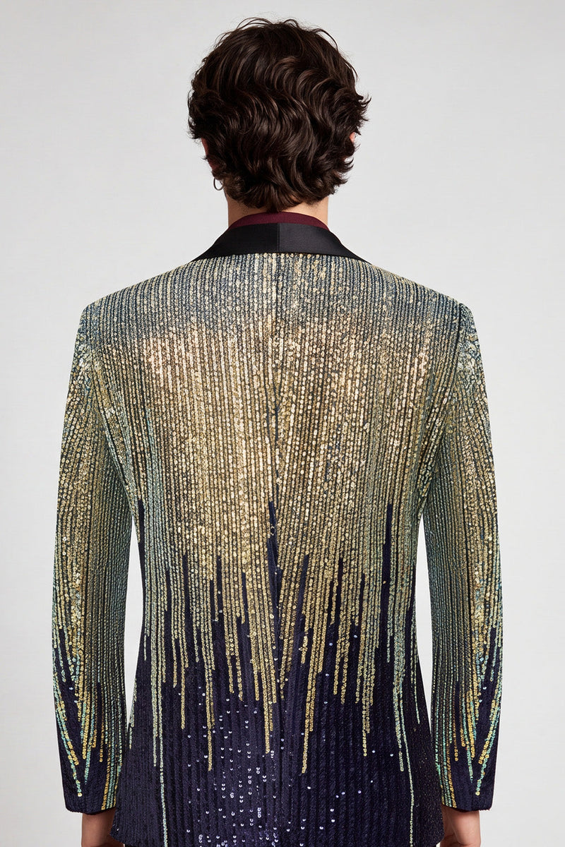 Laden Sie das Bild in den Galerie-Viewer, Pailletten Schwarzer Goldener Schal Revers Herren Ball Blazer mit einem Knopf