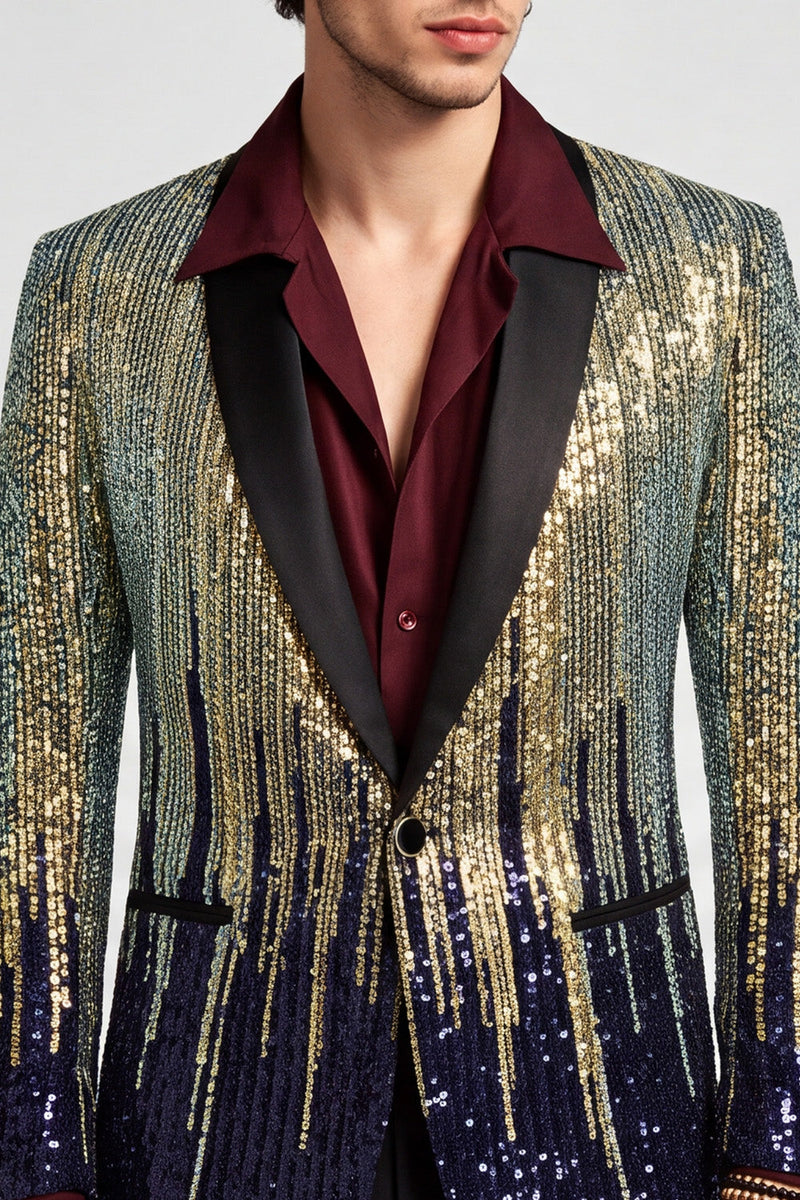 Laden Sie das Bild in den Galerie-Viewer, Pailletten Schwarzer Goldener Schal Revers Herren Ball Blazer mit einem Knopf