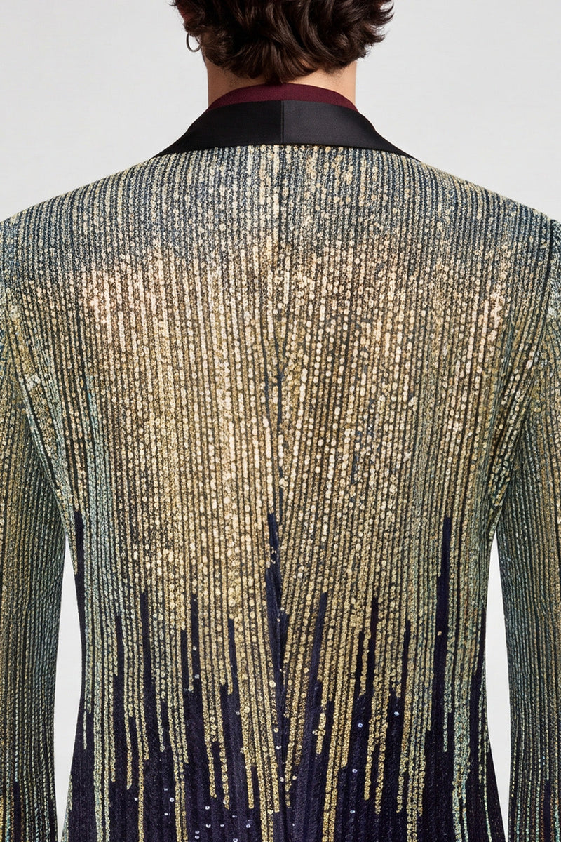 Laden Sie das Bild in den Galerie-Viewer, Pailletten Schwarzer Goldener Schal Revers Herren Ball Blazer mit einem Knopf