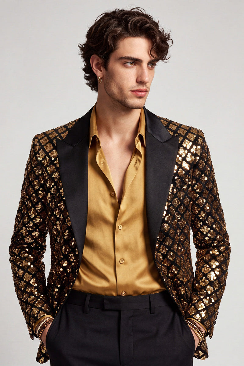 Laden Sie das Bild in den Galerie-Viewer, Glitzerndes Goldenes Pailletten Peak Revers Herren Abschlussball Blazer