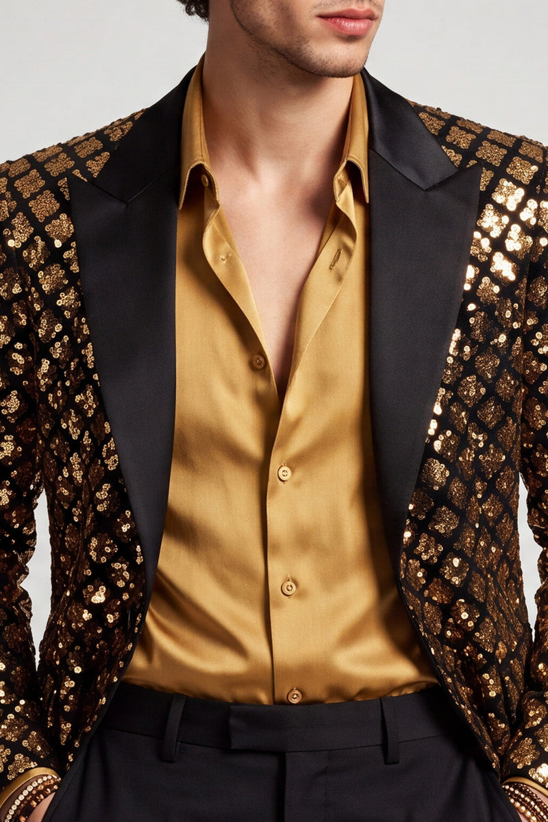 Laden Sie das Bild in den Galerie-Viewer, Glitzerndes Goldenes Pailletten Peak Revers Herren Abschlussball Blazer