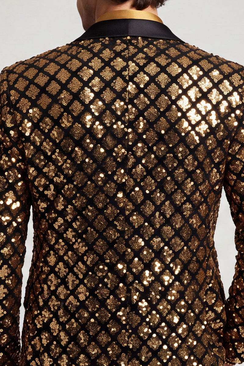 Laden Sie das Bild in den Galerie-Viewer, Glitzerndes Goldenes Pailletten Peak Revers Herren Abschlussball Blazer