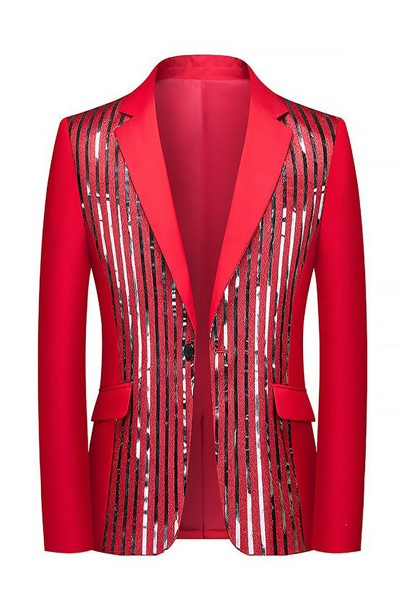 Laden Sie das Bild in den Galerie-Viewer, Eingekerbte Revers Pailletten Roter Herrenabschlussball-Blazer mit einem Knopf