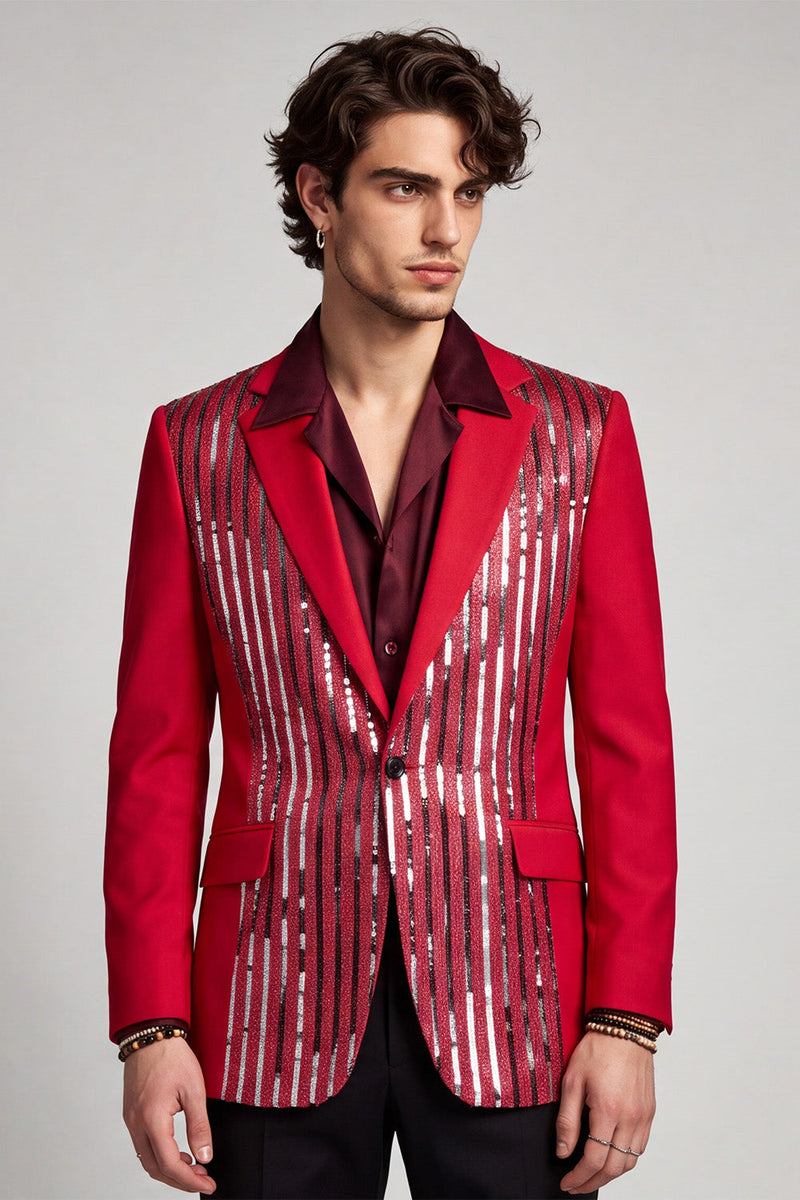 Laden Sie das Bild in den Galerie-Viewer, Eingekerbte Revers Pailletten Roter Herrenabschlussball-Blazer mit einem Knopf