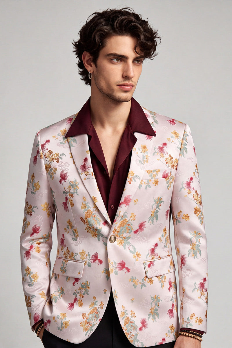 Laden Sie das Bild in den Galerie-Viewer, Blumiger Revers Rosa-weißer Herren Ball Blazer mit einem Knopf