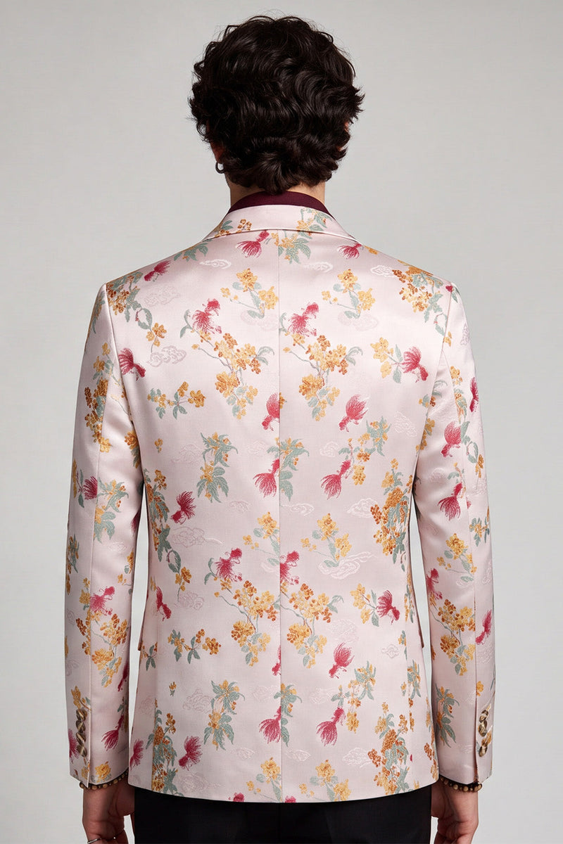 Laden Sie das Bild in den Galerie-Viewer, Blumiger Revers Rosa-weißer Herren Ball Blazer mit einem Knopf
