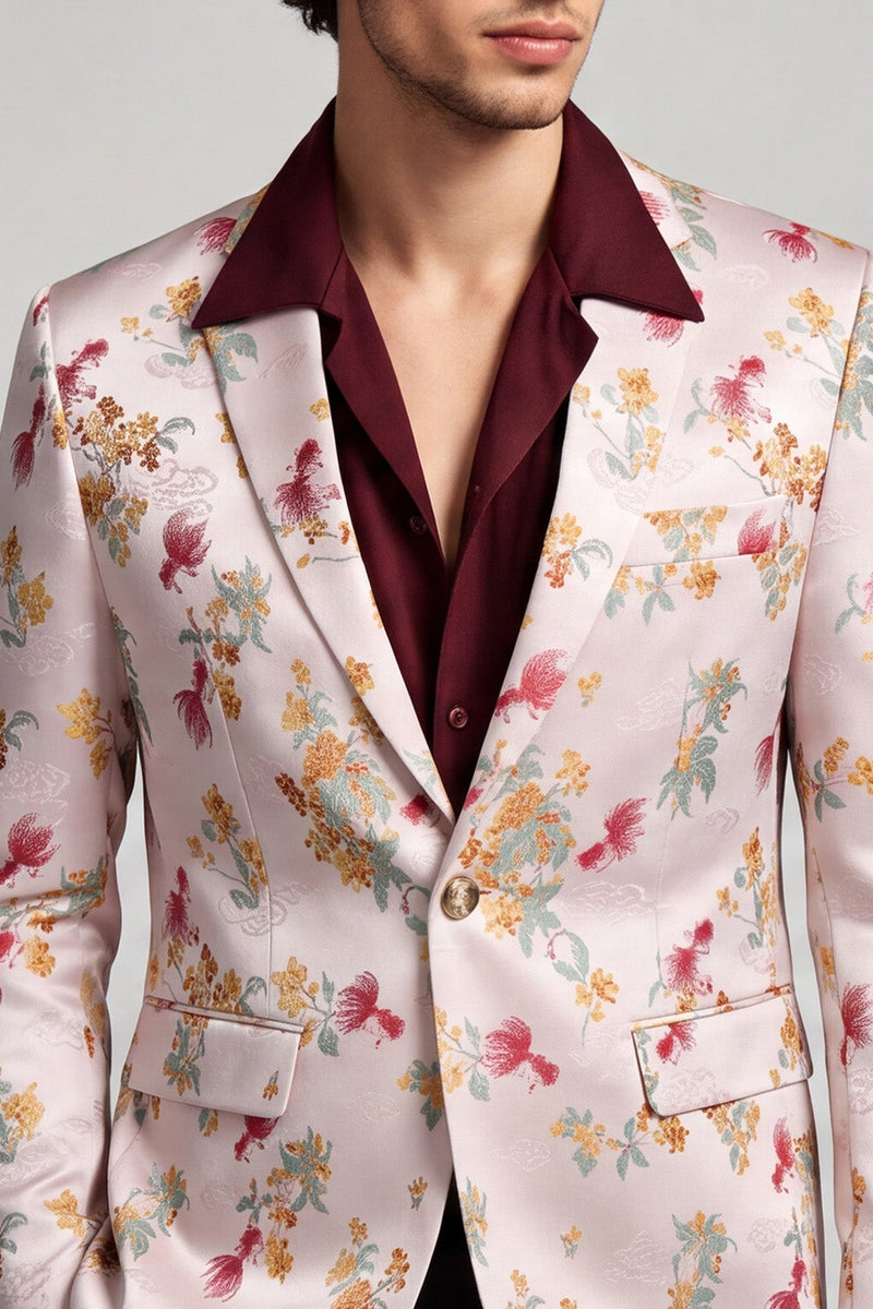 Laden Sie das Bild in den Galerie-Viewer, Blumiger Revers Rosa-weißer Herren Ball Blazer mit einem Knopf
