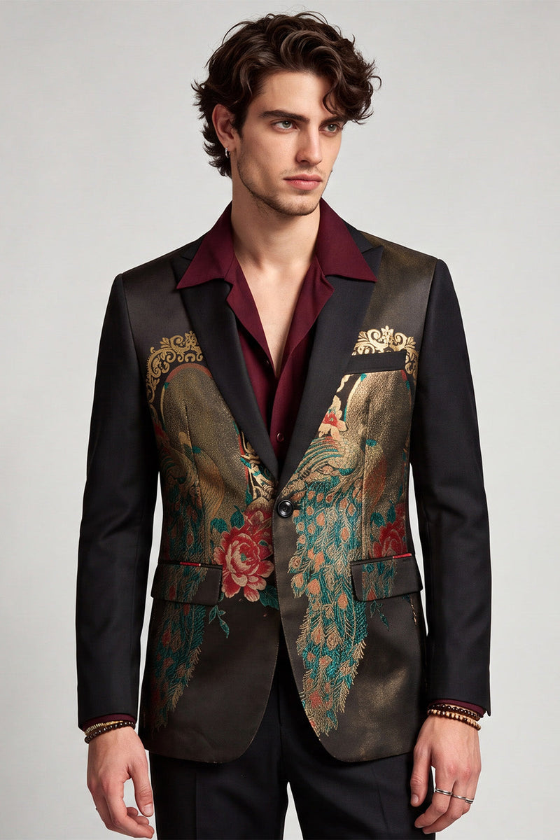 Laden Sie das Bild in den Galerie-Viewer, Schwarzer Einknopfgestickter Herren Ball Blazer mit einem Knopf