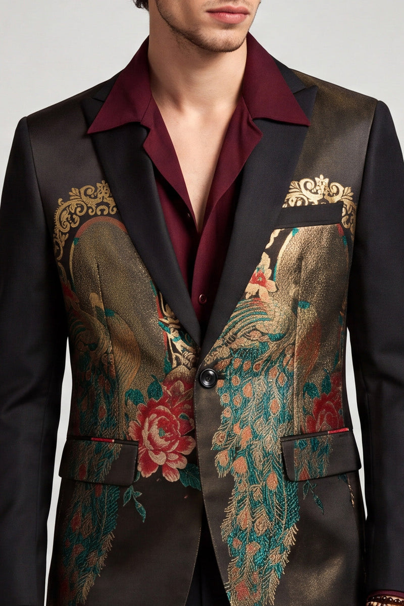 Laden Sie das Bild in den Galerie-Viewer, Schwarzer Einknopfgestickter Herren Ball Blazer mit einem Knopf