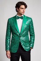 Laden Sie das Bild in den Galerie-Viewer, Pailletten Revers Pfauengrüner Herrenabschlussball-Blazer mit einem Knopf