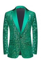 Laden Sie das Bild in den Galerie-Viewer, Pailletten Revers Pfauengrüner Herrenabschlussball-Blazer mit einem Knopf