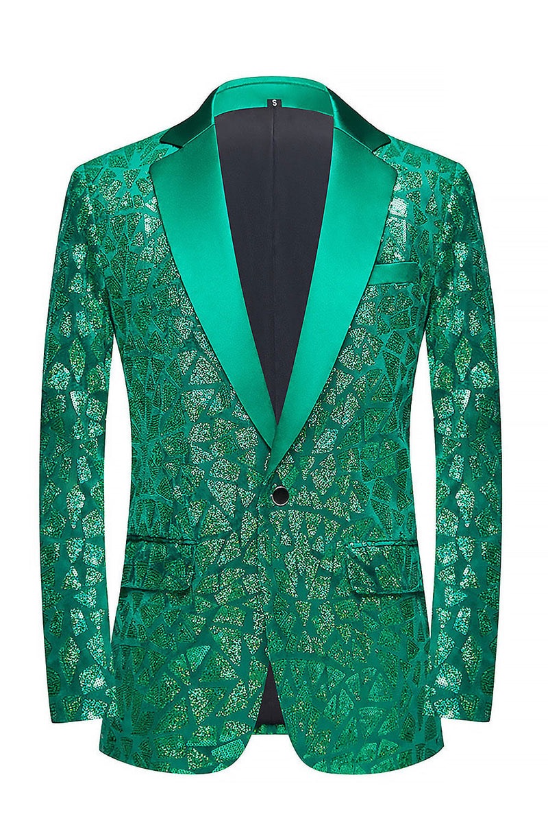 Laden Sie das Bild in den Galerie-Viewer, Pailletten Revers Pfauengrüner Herrenabschlussball-Blazer mit einem Knopf
