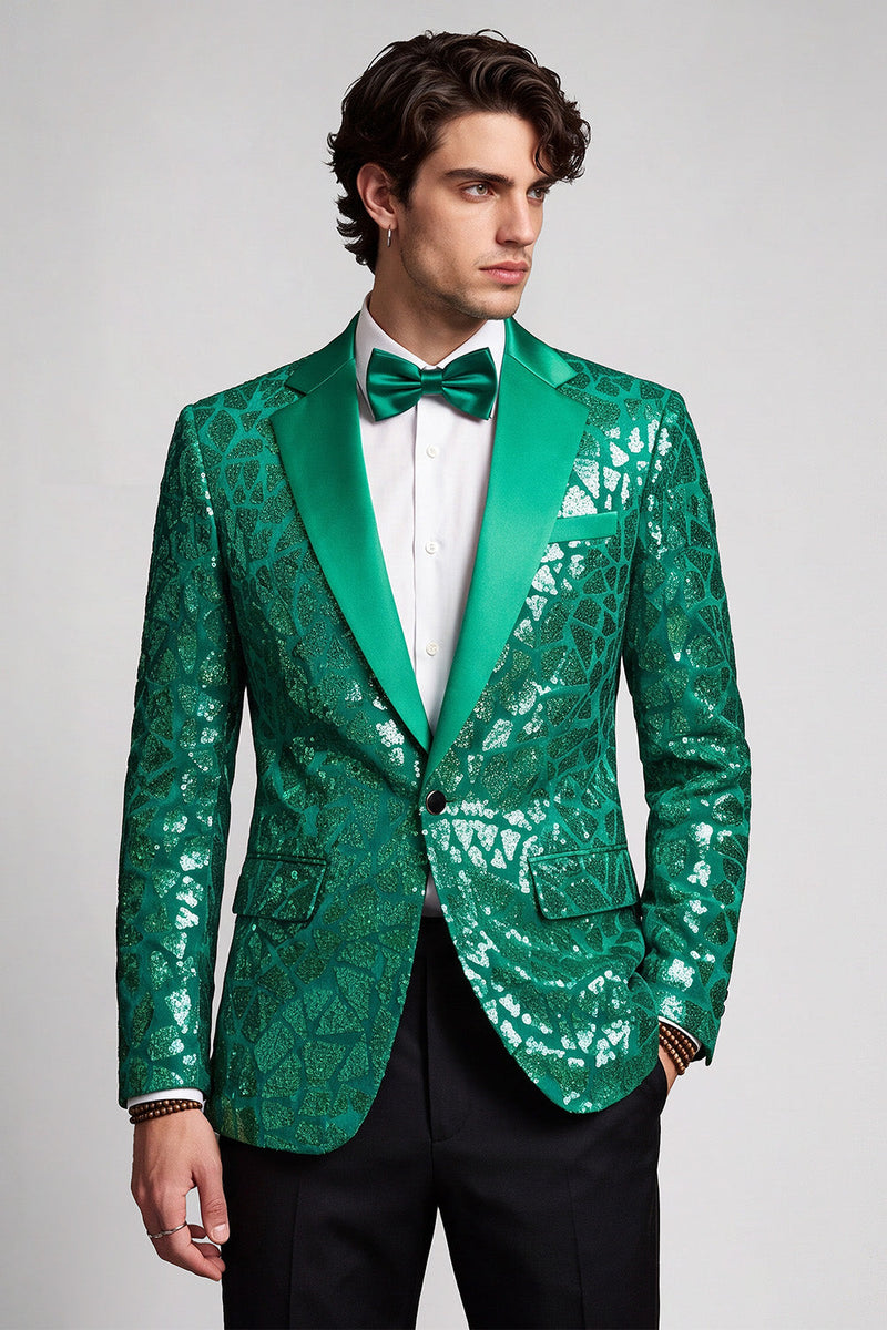 Laden Sie das Bild in den Galerie-Viewer, Pailletten Revers Pfauengrüner Herrenabschlussball-Blazer mit einem Knopf