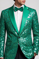Laden Sie das Bild in den Galerie-Viewer, Pailletten Revers Pfauengrüner Herrenabschlussball-Blazer mit einem Knopf