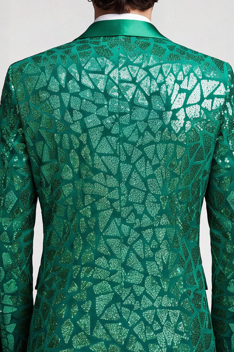 Laden Sie das Bild in den Galerie-Viewer, Pailletten Revers Pfauengrüner Herrenabschlussball-Blazer mit einem Knopf