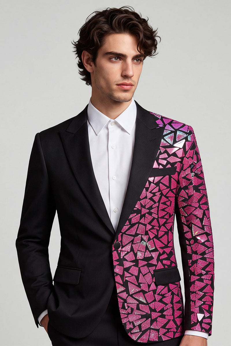 Laden Sie das Bild in den Galerie-Viewer, Peak Revers Schwarzer Fuchsia Farbblock Ein-Knopf Herren Ball Blazer