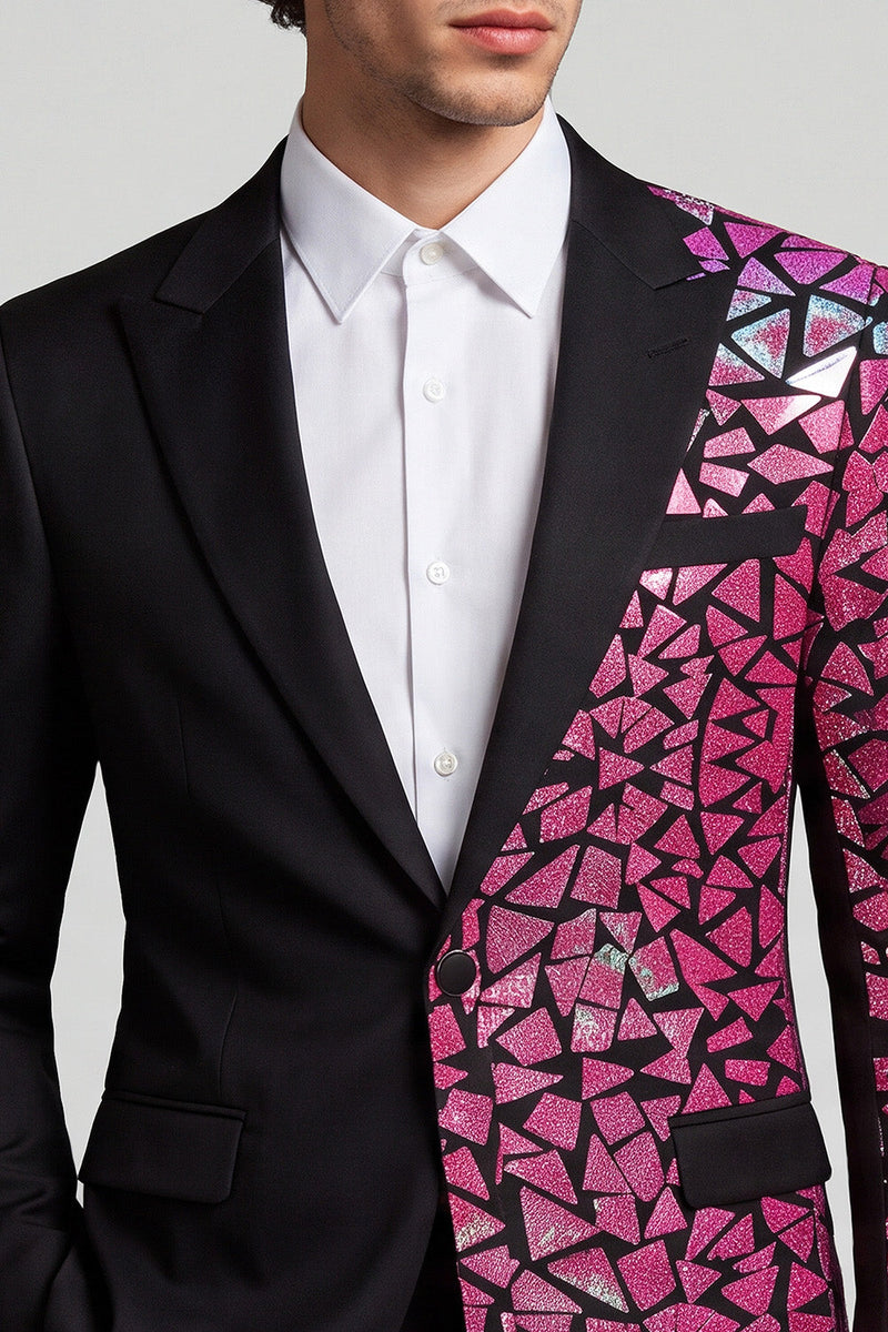 Laden Sie das Bild in den Galerie-Viewer, Peak Revers Schwarzer Fuchsia Farbblock Ein-Knopf Herren Ball Blazer