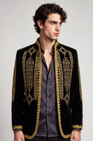 Laden Sie das Bild in den Galerie-Viewer, Schwarzer Goldbestickter Herren Abschlussball-Blazer mit Stehkragen