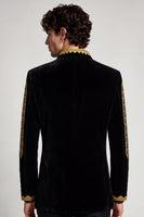 Laden Sie das Bild in den Galerie-Viewer, Schwarzer Goldbestickter Herren Abschlussball-Blazer mit Stehkragen