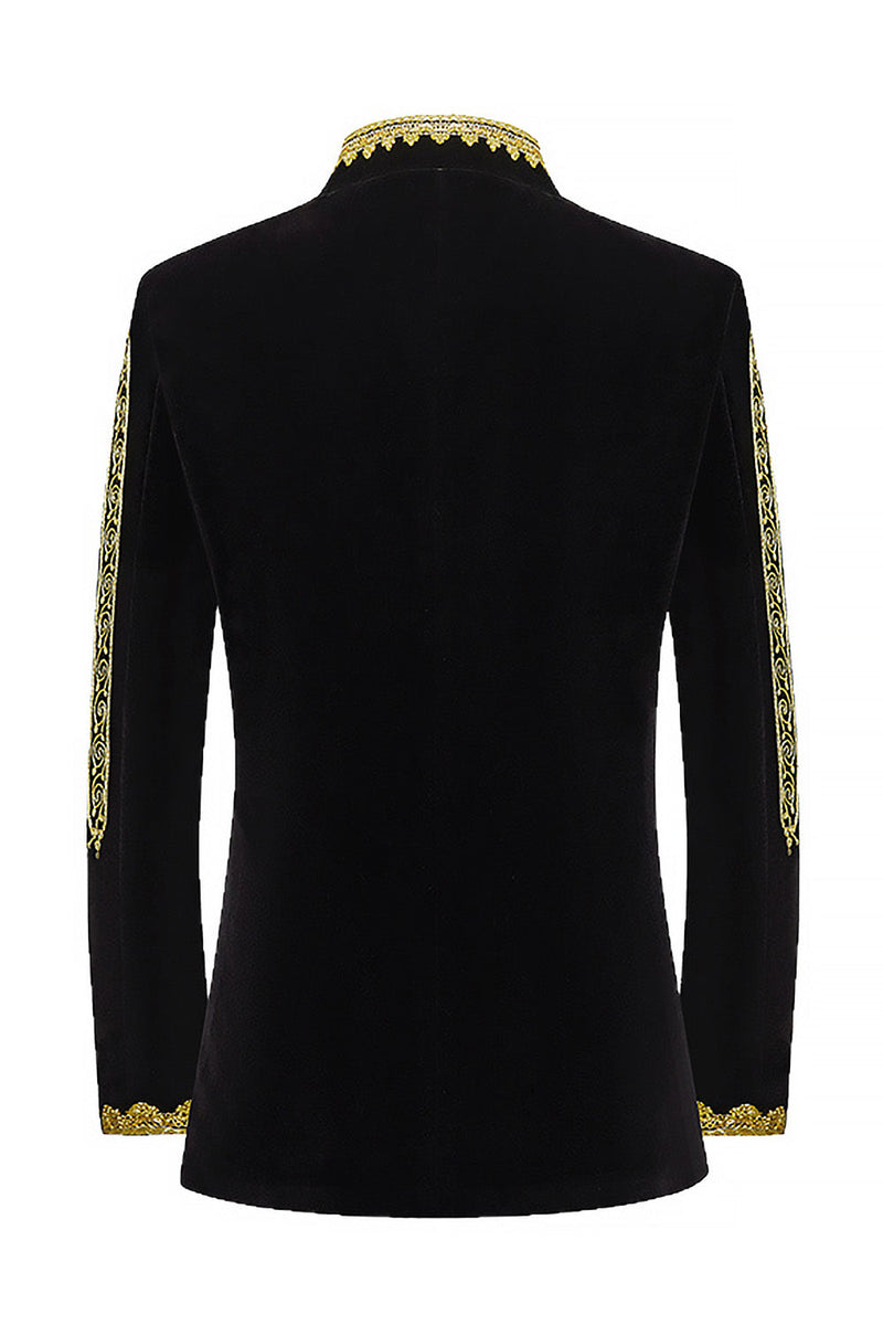 Laden Sie das Bild in den Galerie-Viewer, Schwarzer Goldbestickter Herren Abschlussball-Blazer mit Stehkragen