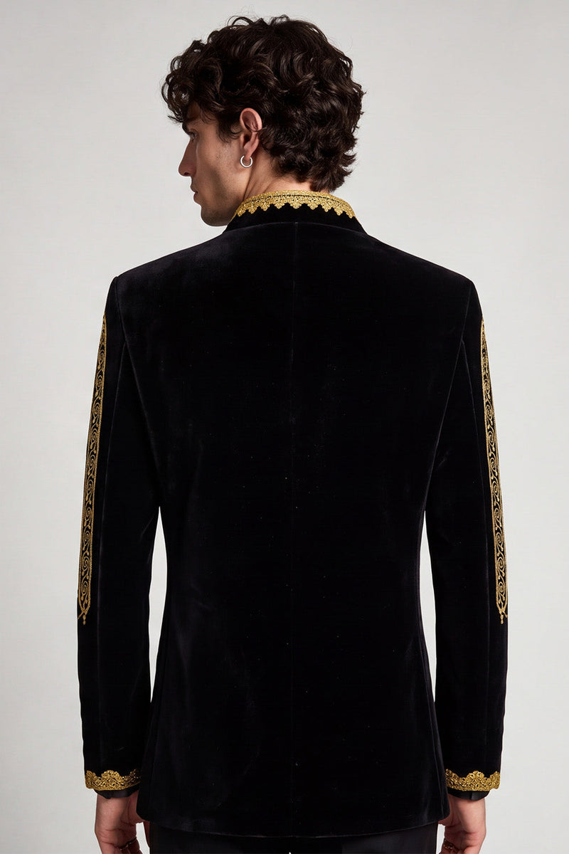Laden Sie das Bild in den Galerie-Viewer, Schwarzer Goldbestickter Herren Abschlussball-Blazer mit Stehkragen