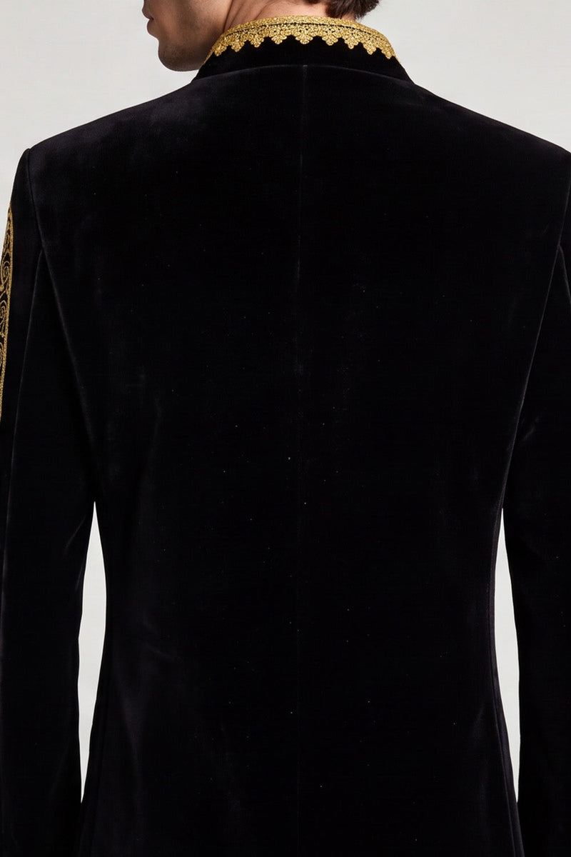 Laden Sie das Bild in den Galerie-Viewer, Schwarzer Goldbestickter Herren Abschlussball-Blazer mit Stehkragen