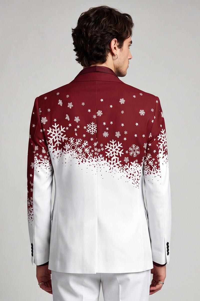 Laden Sie das Bild in den Galerie-Viewer, Einreihiger Roter weißer Revers Herrenabschlussball-Blazer mit Weihnachtsdruck