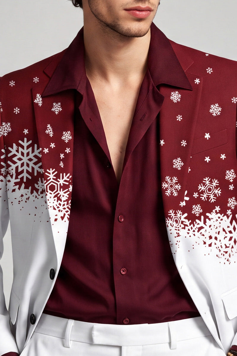 Laden Sie das Bild in den Galerie-Viewer, Einreihiger Roter weißer Revers Herrenabschlussball-Blazer mit Weihnachtsdruck