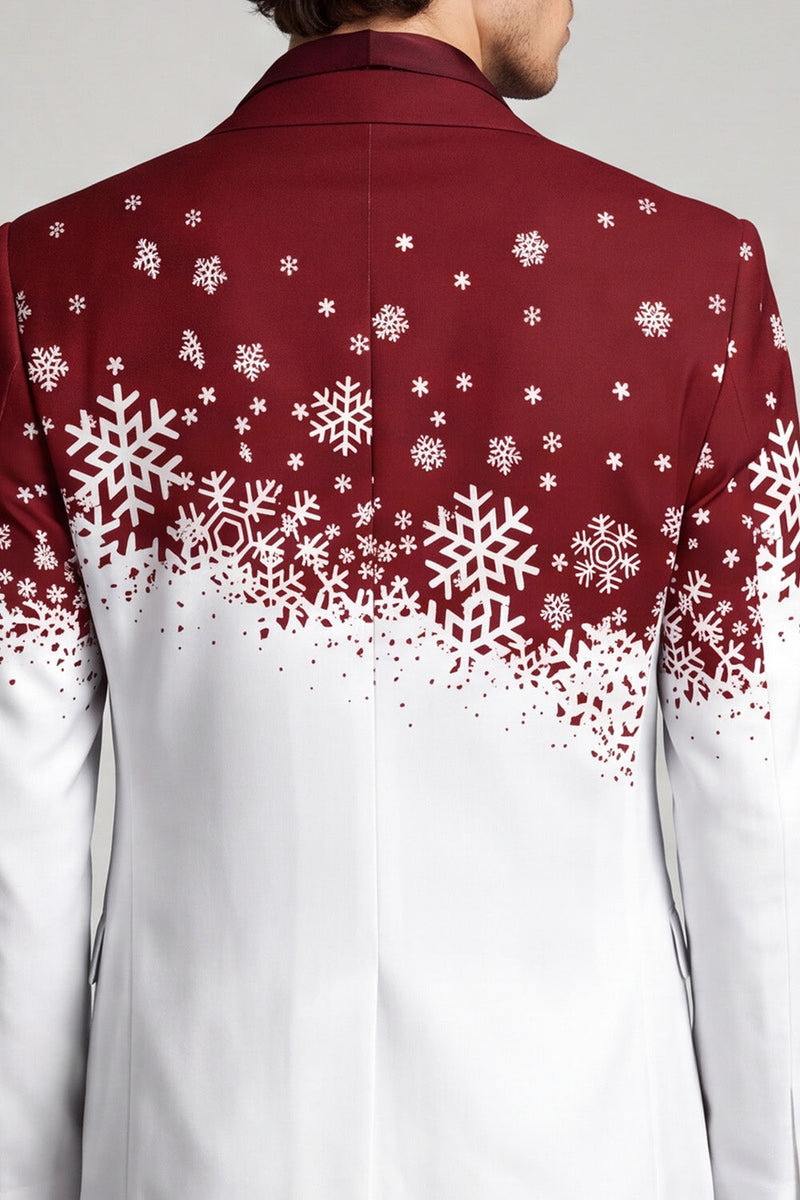 Laden Sie das Bild in den Galerie-Viewer, Einreihiger Roter weißer Revers Herrenabschlussball-Blazer mit Weihnachtsdruck