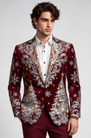 Laden Sie das Bild in den Galerie-Viewer, Weihnachtsbedruckter Burgunderroter Revers Herrenblazer mit einem Knopf für den Abschlussball