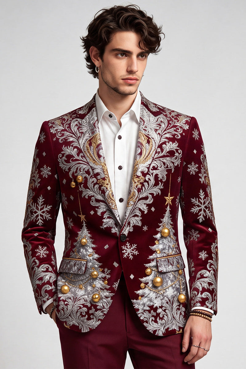 Laden Sie das Bild in den Galerie-Viewer, Weihnachtsbedruckter Burgunderroter Revers Herrenblazer mit einem Knopf für den Abschlussball