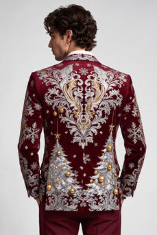 Weihnachtsbedruckter Burgunderroter Revers Herrenblazer mit einem Knopf für den Abschlussball