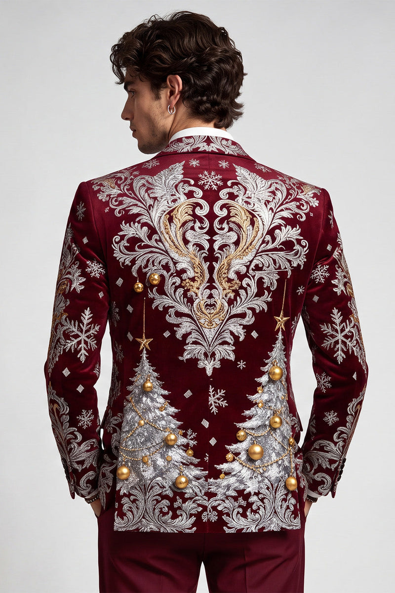 Laden Sie das Bild in den Galerie-Viewer, Weihnachtsbedruckter Burgunderroter Revers Herrenblazer mit einem Knopf für den Abschlussball