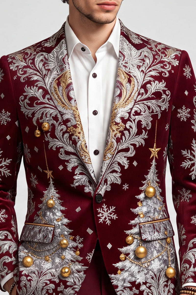 Laden Sie das Bild in den Galerie-Viewer, Weihnachtsbedruckter Burgunderroter Revers Herrenblazer mit einem Knopf für den Abschlussball