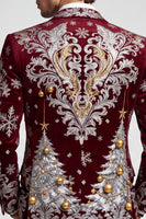 Laden Sie das Bild in den Galerie-Viewer, Weihnachtsbedruckter Burgunderroter Revers Herrenblazer mit einem Knopf für den Abschlussball