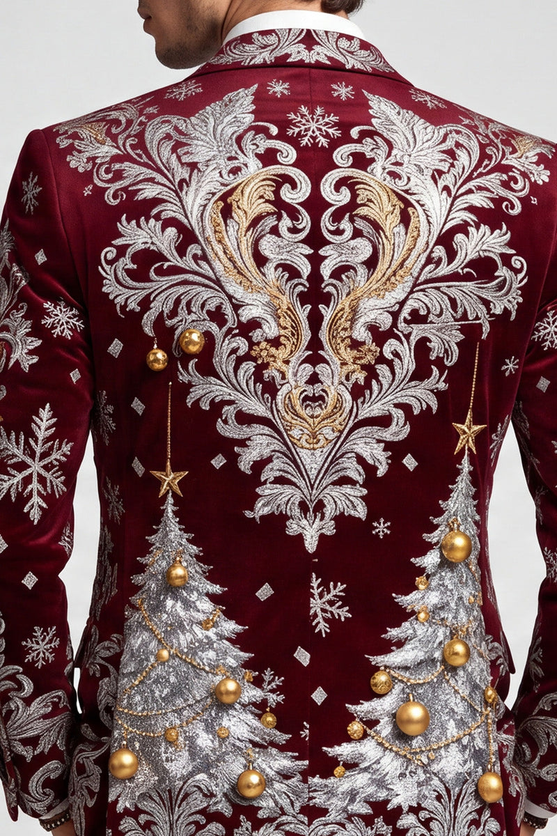 Laden Sie das Bild in den Galerie-Viewer, Weihnachtsbedruckter Burgunderroter Revers Herrenblazer mit einem Knopf für den Abschlussball