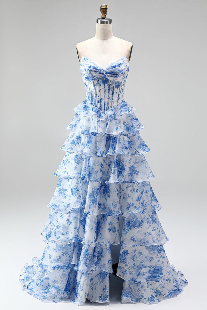 Laden Sie das Bild in den Galerie-Viewer, Blaues Langes A-Linie Korsett Gestuftes Gerüschendes Chiffon Ballkleid mit Rüschen