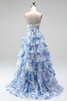 Laden Sie das Bild in den Galerie-Viewer, Blaues Langes A-Linie Korsett Gestuftes Gerüschendes Chiffon Ballkleid mit Rüschen