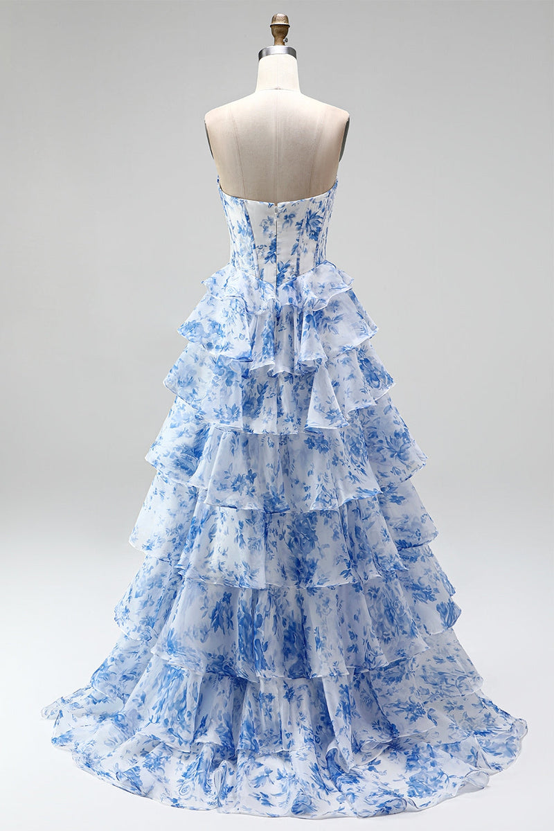 Laden Sie das Bild in den Galerie-Viewer, Blaues Langes A-Linie Korsett Gestuftes Gerüschendes Chiffon Ballkleid mit Rüschen