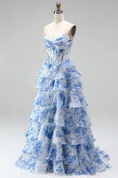 Laden Sie das Bild in den Galerie-Viewer, Blaues Langes A-Linie Korsett Gestuftes Gerüschendes Chiffon Ballkleid mit Rüschen