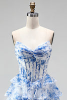Laden Sie das Bild in den Galerie-Viewer, Blaues Langes A-Linie Korsett Gestuftes Gerüschendes Chiffon Ballkleid mit Rüschen
