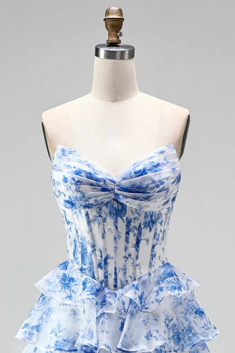 Laden Sie das Bild in den Galerie-Viewer, Blaues Langes A-Linie Korsett Gestuftes Gerüschendes Chiffon Ballkleid mit Rüschen