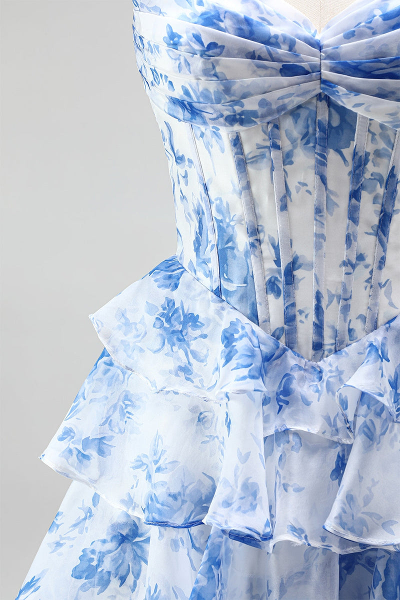 Laden Sie das Bild in den Galerie-Viewer, Blaues Langes A-Linie Korsett Gestuftes Gerüschendes Chiffon Ballkleid mit Rüschen
